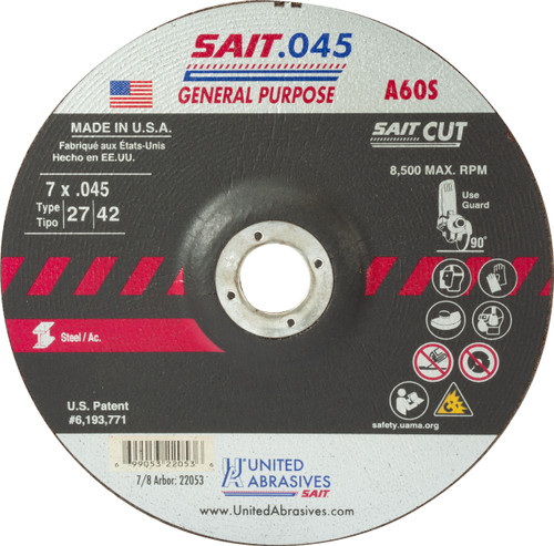 United Abrasives-SAIT 22053, Cutting Wheel, 7" x .045" x 7/8", Type-27 A60S, 50/box