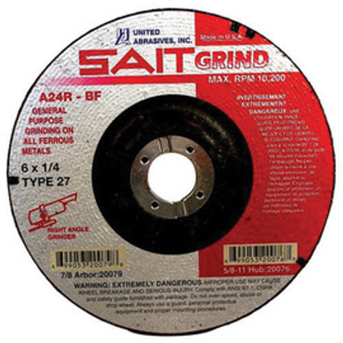 United Abrasives Sait 20079 6" x 1/4" x 7/8" A24R Long Life Depressed Center Grinding Wheel