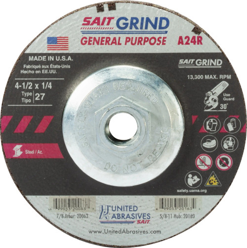 United Abrasives 4-1/2" x 1/4" x 5/8"-11 A24R Long Life Depressed Center Grinding Wheels, Type 27, 20163