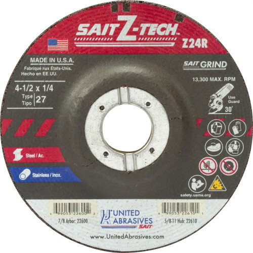 United Abrasives 4-1/2" x 1/4" x 7/8" Z24R Zirconium Depressed Center Grinding Wheels, Type 27, 22600