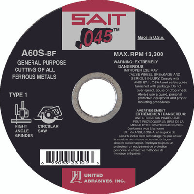 United Abrasives SAIT 23106, Cutting Wheel, 6" x .045" x 7/8" Type-1 A60S, 50/box