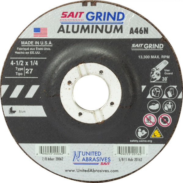4-1/2" x 1/4" x 7/8" A46N Aluminum Depressed Center Grinding Wheels, Type 27, 20062