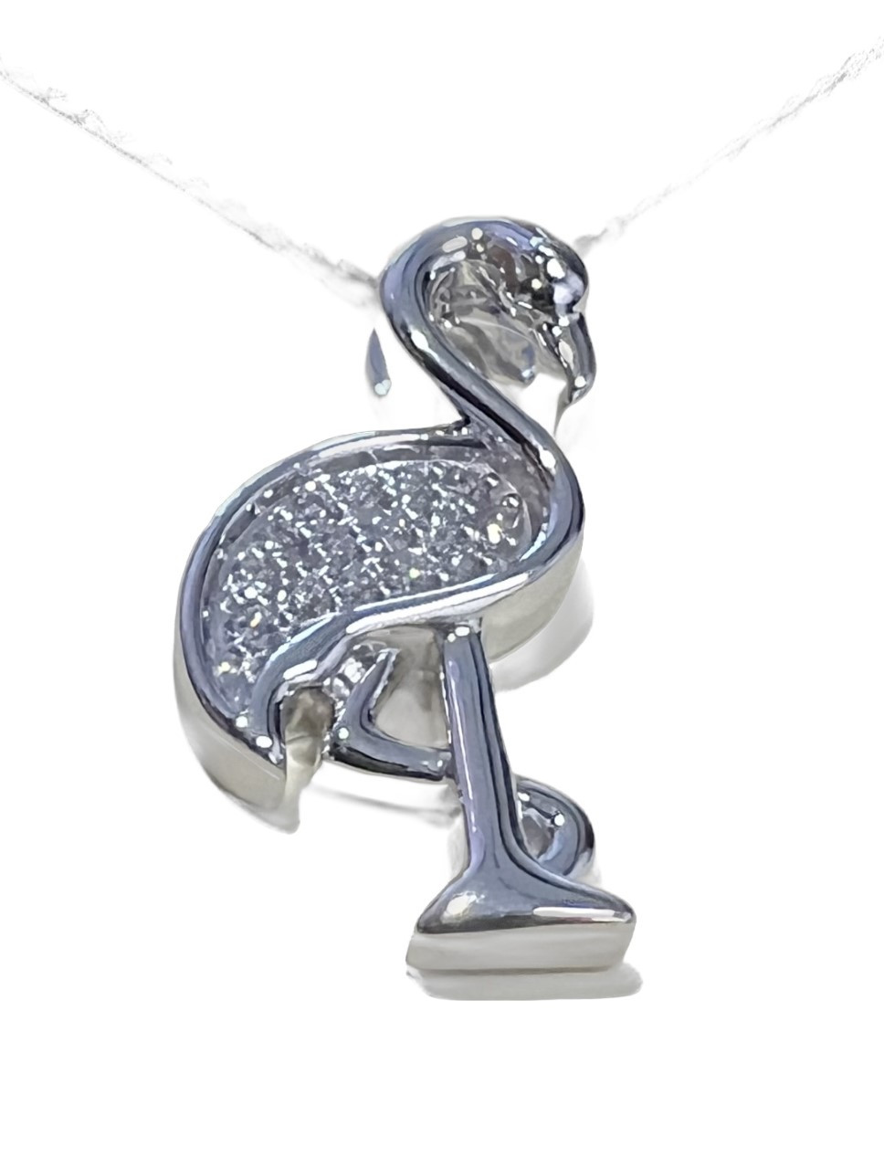 Silver Chain Link Necklace Featuring Rhinestone Accented Flamingo Pendant -  Approximately 16