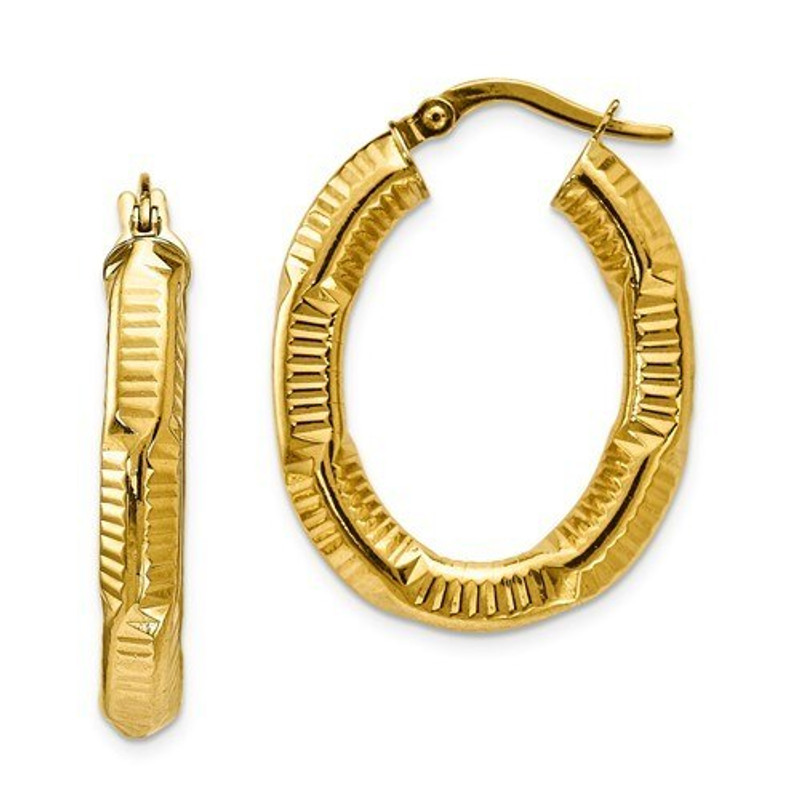 14 K Yellow Gold Diamond Cut Oval Hoop Earrings Qg199