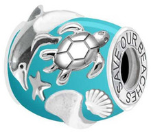 Stainless Steel TIDE AWAY (TM) Bead. Bead Features our Sea Turtle, Manatee and Dolphin TAB2 available at Silver City Sarasota.
