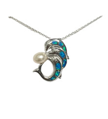 Silver Trio Dolphin Blue Lab Opal Pearl Necklace. Chain 18 Inch DP395N available at Silver City Sarasota.