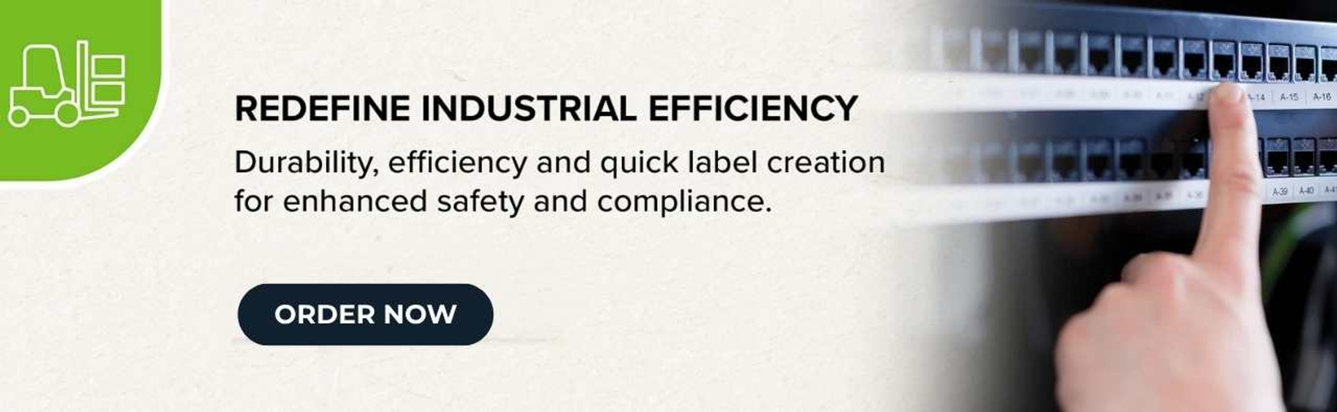 DymoOnline industrial banner featuring text promoting durability, efficiency and quick label creation, with an image of a worker’s finger pointing to labelled industrial network ports for improved safety and compliance.