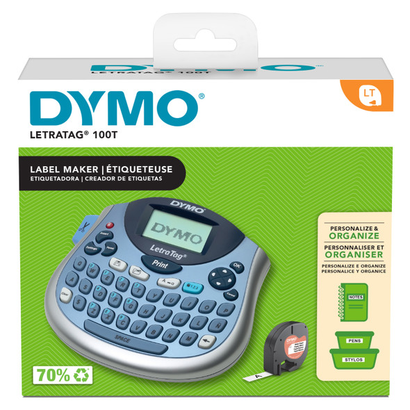 DYMO LetraTag LT100T Label Maker in Blue shown in retail packaging with product overview