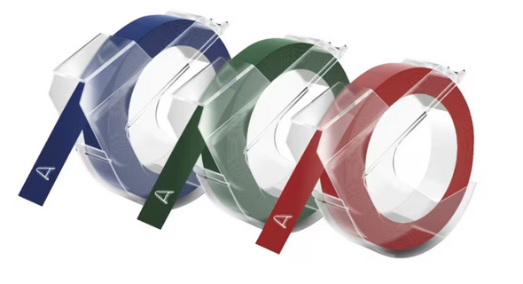 DYMO embossing tape rolls in red, blue and green for Omega label makers