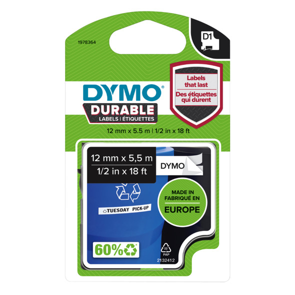 Dymo 1978364 D1 Durable Label Range black on white 12mm