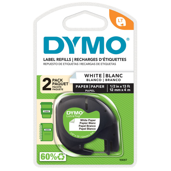 DYMO LetraTag white paper label refill twin pack 12mm x 4m in retail packaging