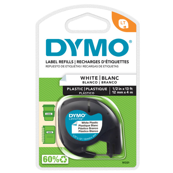 DYMO LetraTag white plastic label refill 12mm x 4m in retail packaging