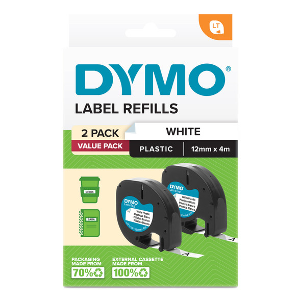 DYMO LetraTag white plastic label refill twin pack 12mm x 4m in retail packaging