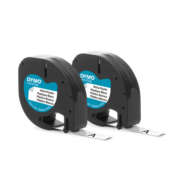 Two DYMO LetraTag white plastic label refills 12mm x 4m shown outside retail packaging