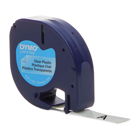 DYMO LetraTag plastic tape cassette shown outside retail packaging