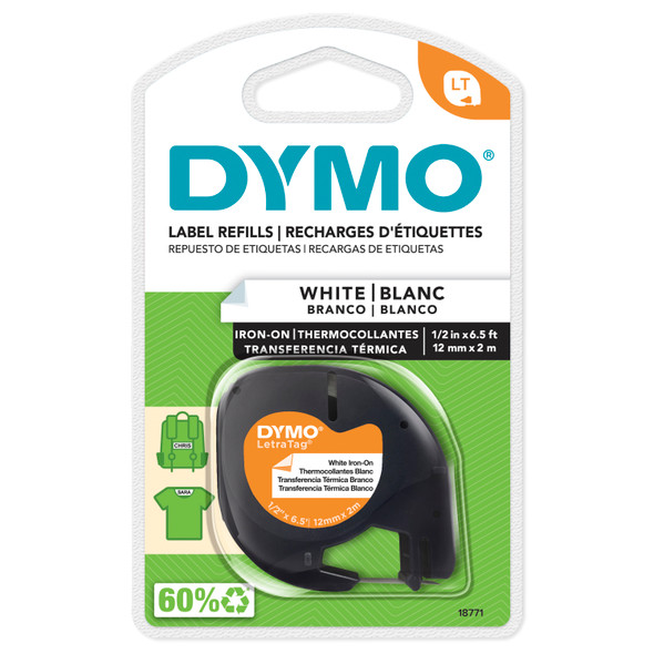 DYMO LetraTag white iron on label refill 12mm x 2m in retail packaging