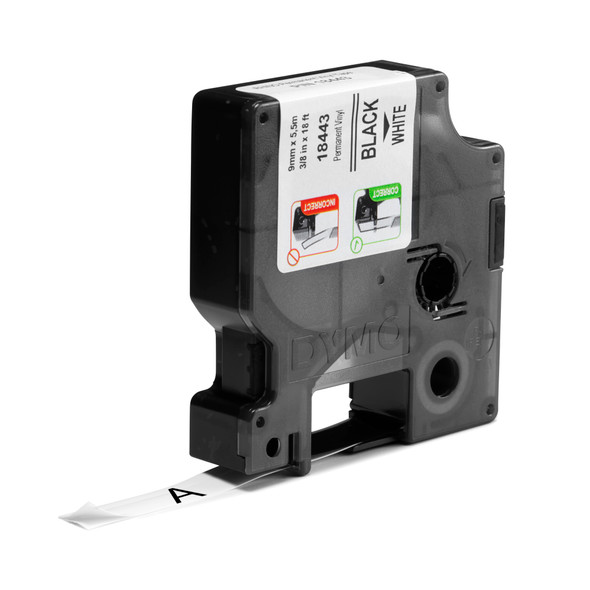 Close-up of DYMO 9mm black on white vinyl tape cartridge for Rhino industrial printers