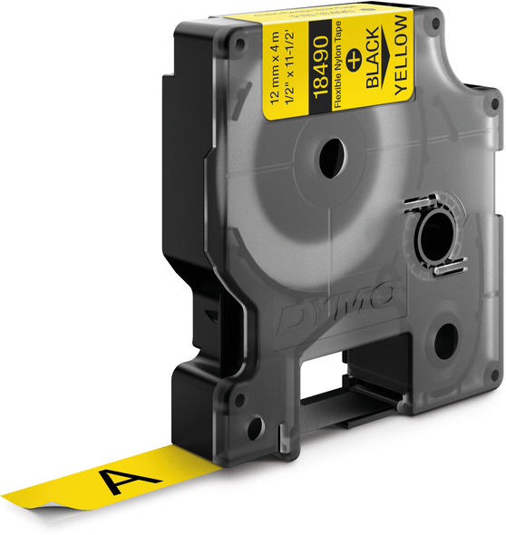 Dymo Rhino industrial flexible nylon tape cartridge installed in a handheld label maker with yellow tape visible