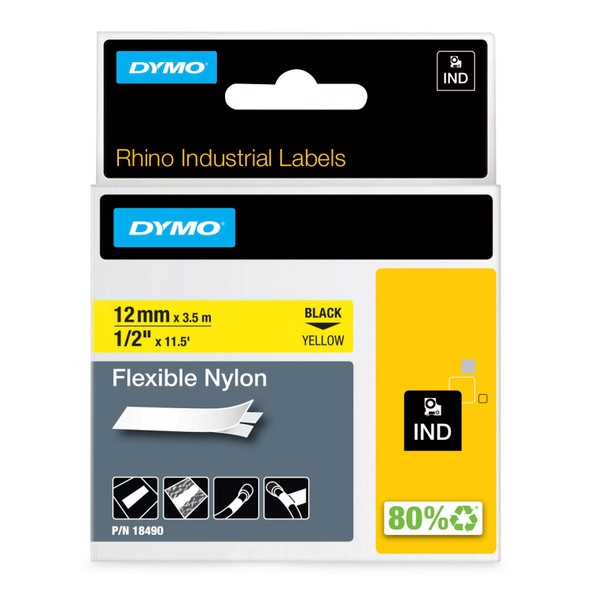 Dymo Rhino Industrial Flexible Nylon Tape 12mm Black on Yellow 18490