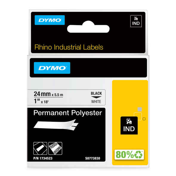DYMO Rhino permanent polyester labels 24mm black on white in retail packaging