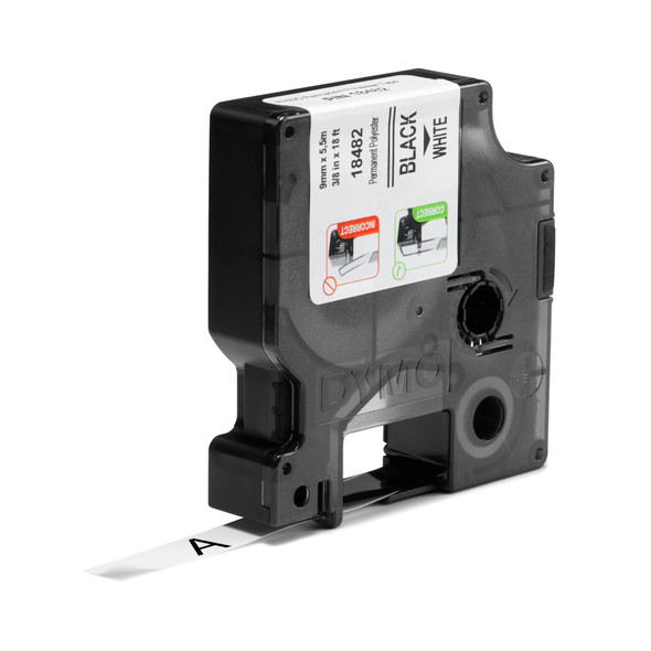 DYMO Rhino 9mm Permanent Polyester Tape Black on White Cartridge alone