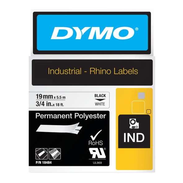 DYMO Rhino 19mm Permanent Polyester Label Tape – White on Black in Industrial Packaging