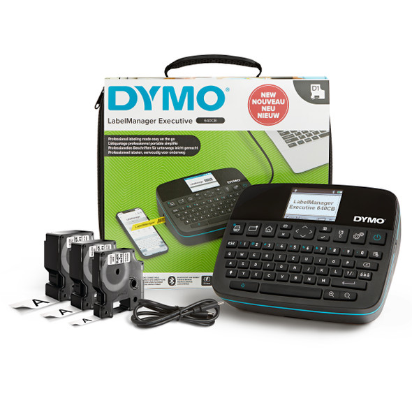 DYMO LabelManager Executive 640CB Label Printer Kit featuring label printer, three D1 label cassettes, USB cable, and portable carry case displayed on white background.