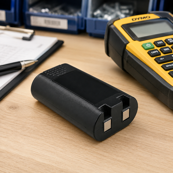 DYMO rechargeable lithium-ion battery shown with a compatible handheld label maker and office supplies on a light wooden desk.