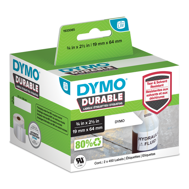 DYMO Durable LabelWriter labels 19mm x 64mm in retail packaging with hydraulic fluid bottle application shown