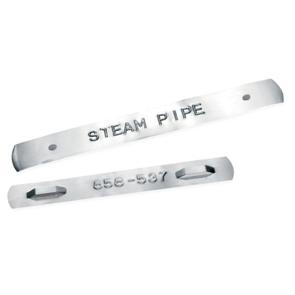 Stainless steel embossed identification tags for pipes, equipment and industrial asset marking