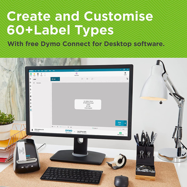 DYMO Connect software workspace with user designing custom labels on screen