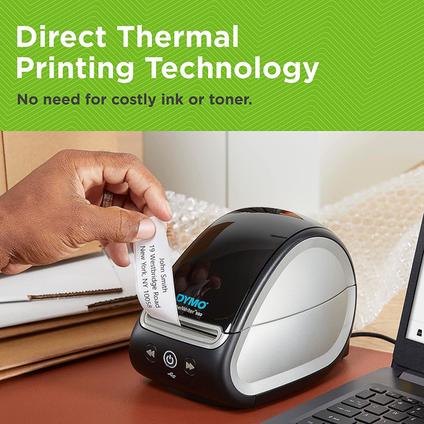 DYMO 550 label printer in use with hand feeding label – showcasing direct thermal print technology