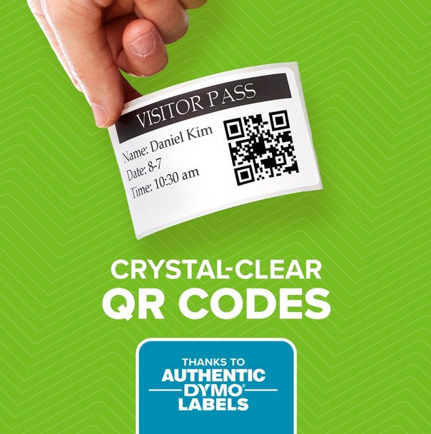 DYMO visitor pass label with QR code on green background promoting crystal clear QR code printing with authentic DYMO labels.