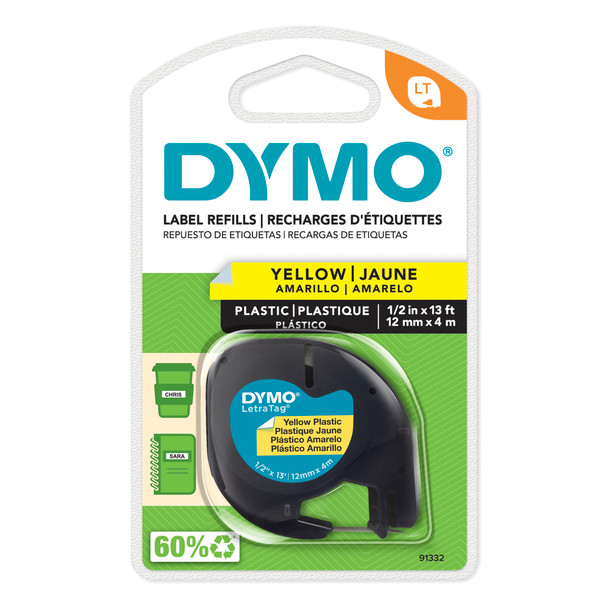 Dymo LetraTag plastic tape cassette 12mm x 4m in yellow retail packaging