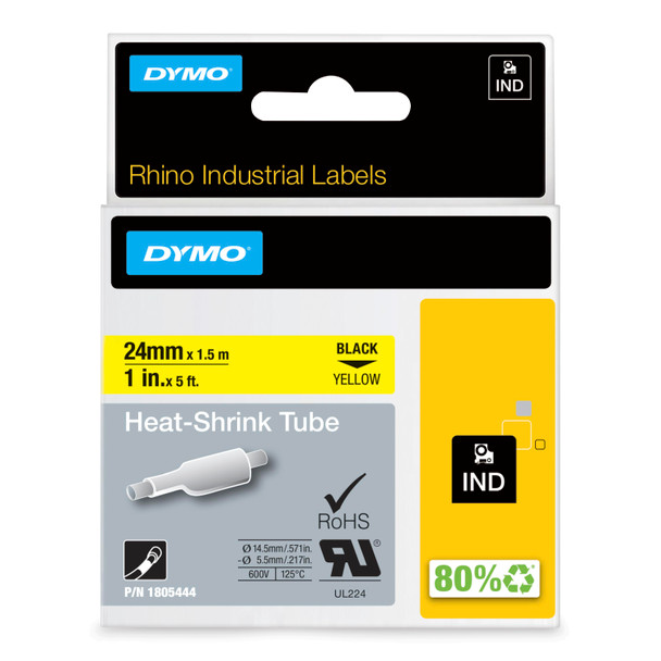 DYMO Rhino industrial heat shrink tube tape 24mm black on yellow in retail packaging