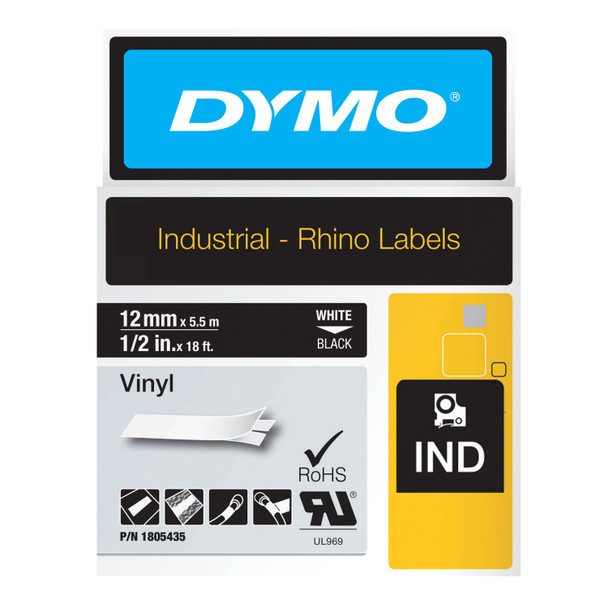 DYMO Rhino Industrial Vinyl Tape 12mm black on white shown in official retail packaging