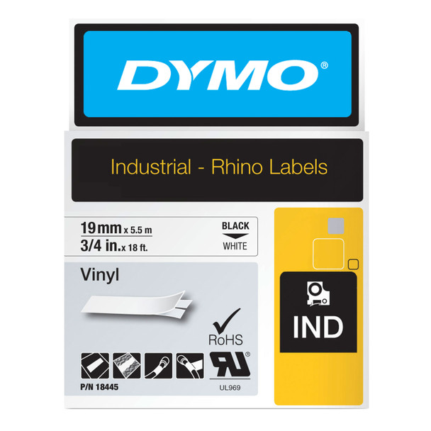 DYMO Rhino 19mm industrial vinyl tape black on white in retail packaging with branding
