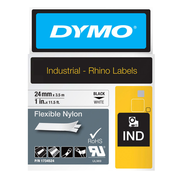 DYMO Rhino flexible nylon labels 24mm black on white in retail packaging