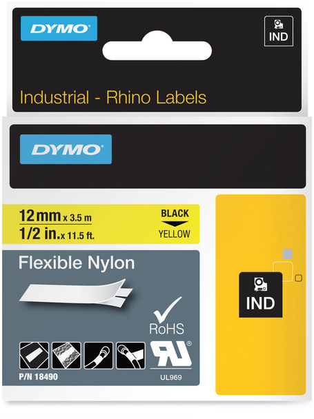 Dymo Rhino Industrial Flexible Nylon Tape 12mm Black on Yellow | DymoOnline