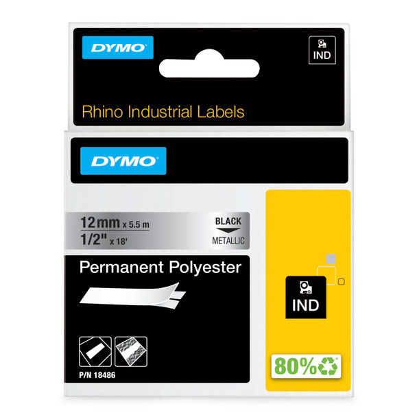 DYMO Rhino permanent polyester labels 12mm black on metallic in retail packaging