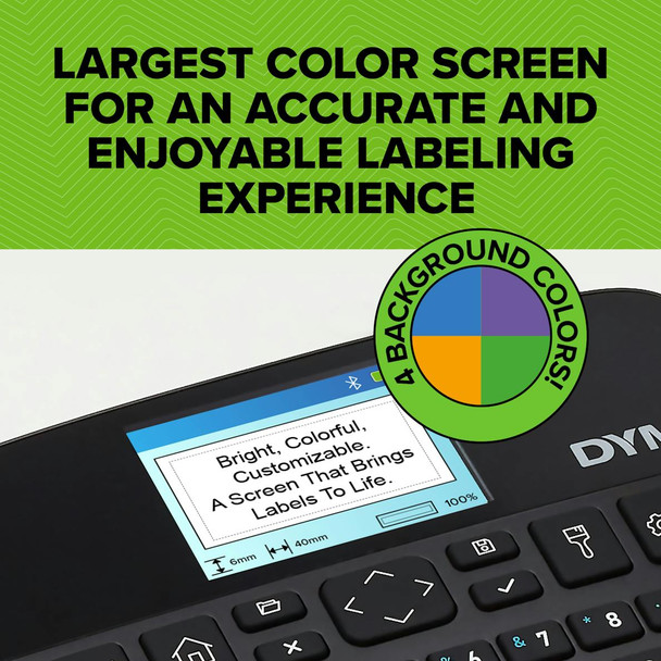 DYMO LabelManager screen showing high-resolution label preview with colour background options