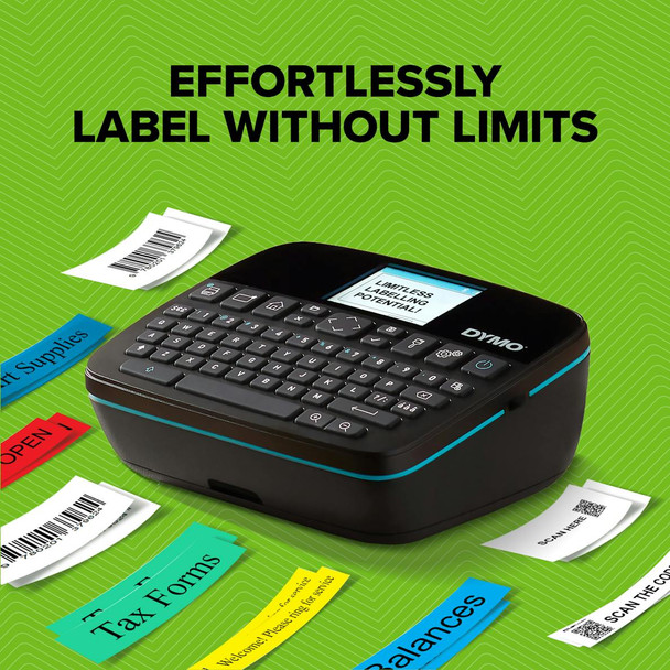 DYMO LabelManager Executive 640 CB displayed with wide-format label options and ergonomic keyboard