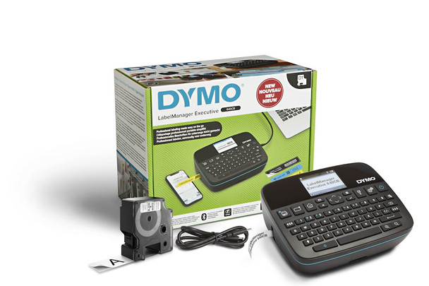 DYMO LabelManager Executive 640 CB unboxed contents including label maker, rechargeable battery, USB-C cable, and D1 label cassette.