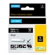 DYMO Rhino 9mm white on black vinyl tape shown in branded retail box packaging