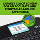 DYMO LabelManager screen showing high-resolution label preview with colour background options