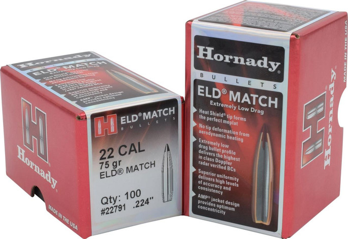 HORNADY ELD MATCH .22 CAL .224 75 GRAIN EXTREMELY LOW DRAG-MATCH 100 ROUNDS PER BOX - 22791 - 090255227918