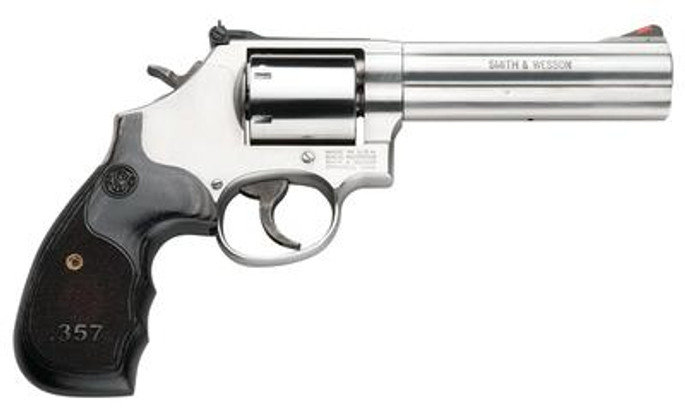 SMITH & WESSON Model 686 Plus 3-5-7 Magnum Series .357 Magnum/.38 Smith & Wesson Special +P 5 Inch Barrel Satin Stainless Finish Adjustable White Outline Rear sight Red Ramp Front Sight 7 Round - 0221