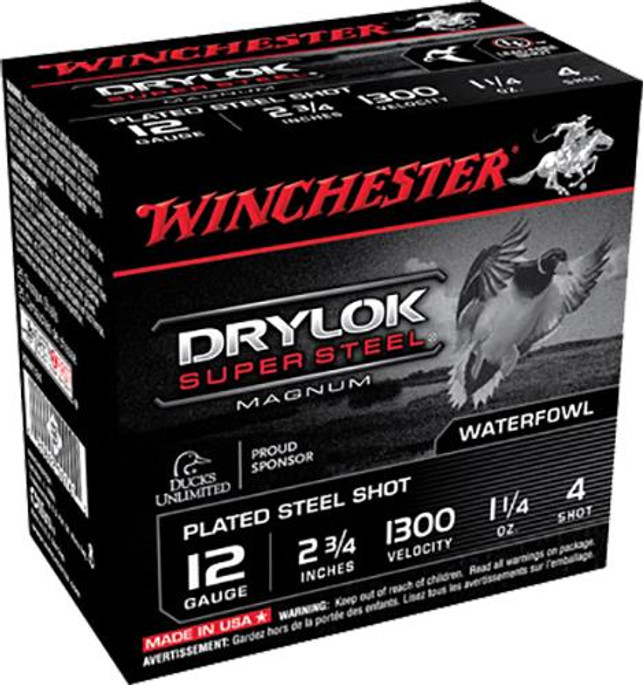 Winchester Ammo Drylock Super Steel Magnum 12 Gauge 2.75" 1 1/4 oz 4 Shot 25 Bx/ 10 Cs - 020892007864