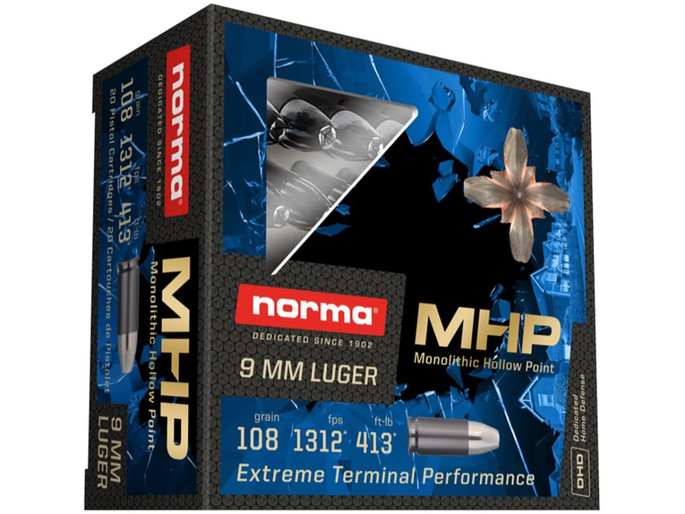 Norma Home Defense MHP Ammunition 9mm Luger 108 Grain Monolithic Hollow Point Lead Free Box of 20 - 871004009685