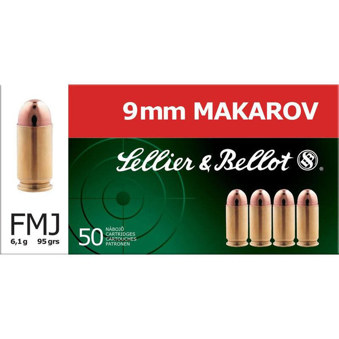 Sellier & Bellot 9x18mm Makarov Ammunition 50 Rounds FMJ 95 Grains - 754908500161